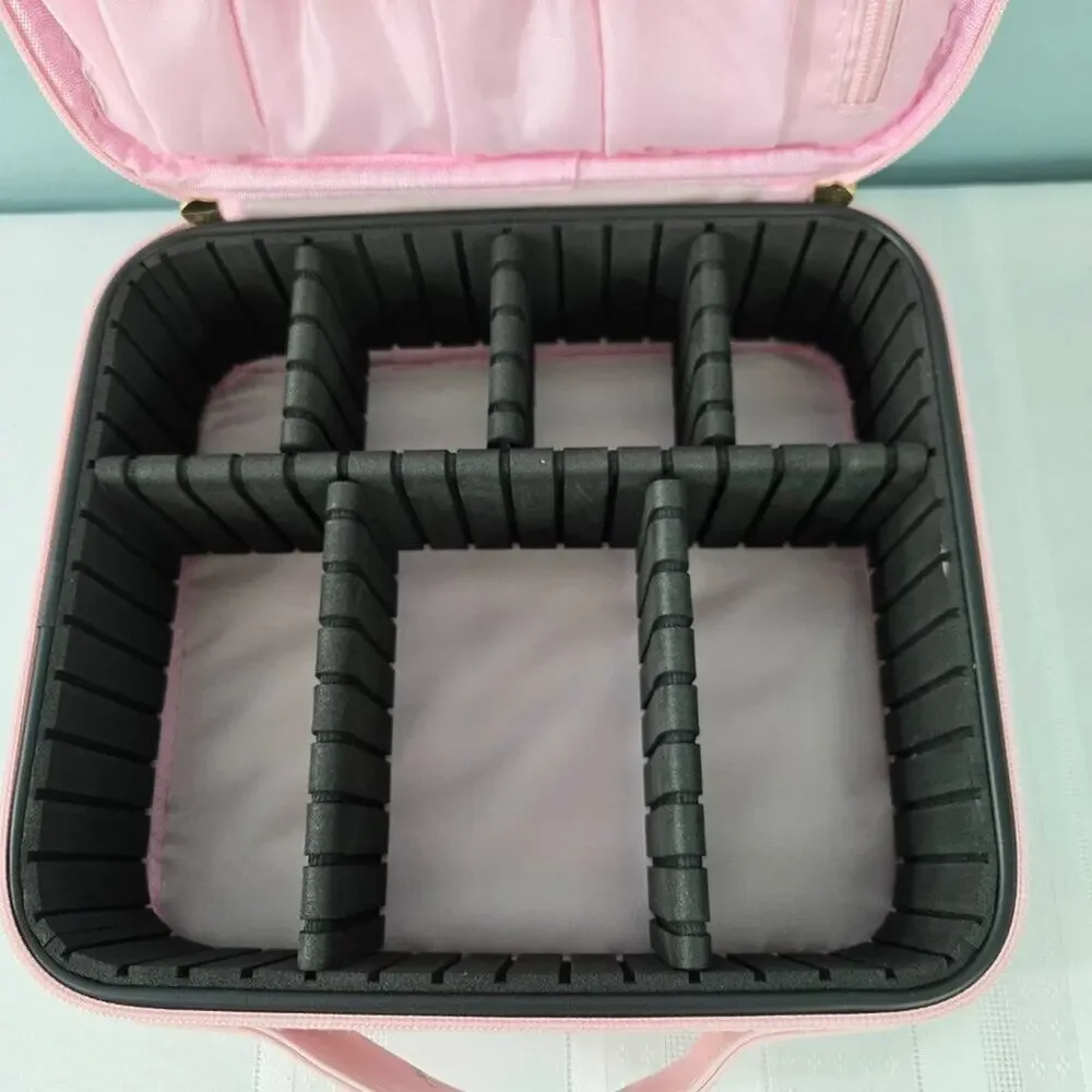 Makeup Cosmetic Case with Moveable Dividers Zipper & Pouches Pink w/Daisies